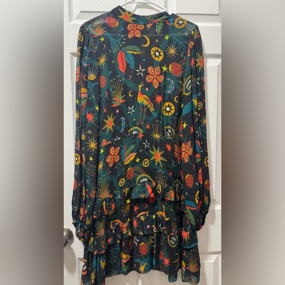 FARM Rio Dresses & Skirts - FARM Rio Dark Green Long-Sleeve Tiered Dress with Red, Yellow and Teal Motif